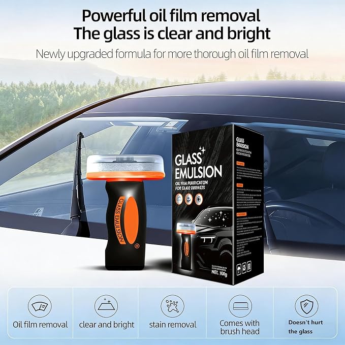 【2PCS】 Glass Emulsion Cleaner, Car Windshield Cleaner Tool Roll-On Glass Compound with Cleaning Board, Removes Oil Film & Smudges, Improve Windshield Clarity for Safe Driving (100ml+Brush)*2