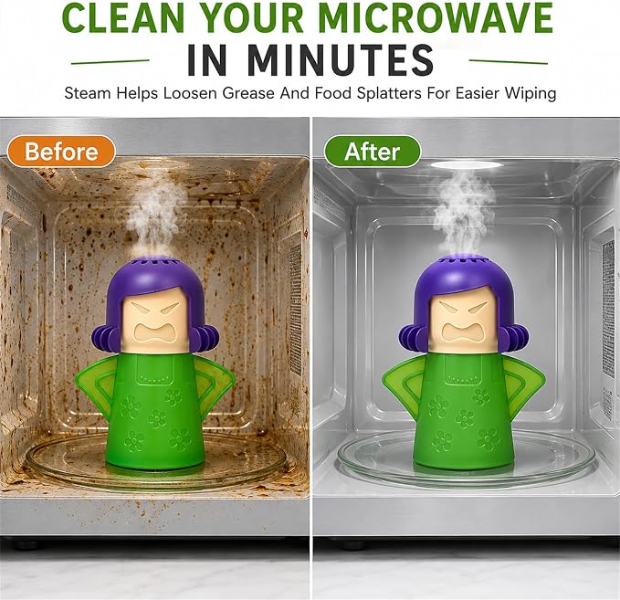 Microwave Steam Cleaner Tool, Fill with Vinegar & Water, Optional Lemon Drops, Heat 5-7 Minutes to Soften Grease & Residue, Non-Toxic Reusable Kitchen Cleaner for Microwaves (Green)