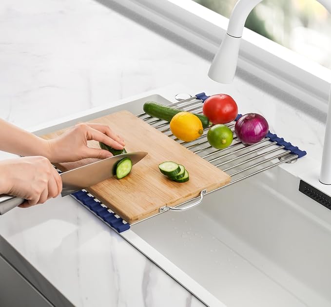 Tomorotec 17.7" x 12.5" Roll Up Dish Drying Rack Over Sink Drying Rack Sink Cover Kitchen Sink Accessories Gadget Multipurpose Organizer Foldable Stainless Steel Drainer