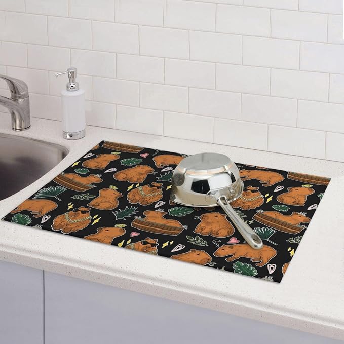 Capybara Dish Drying Mat for Kitchen Counter Cute Kitchen Mat Microfiber Kitchen Countertop Absorbent Reversible Drainer Rack Pad Dish Drying Mat 18 x 24 Inch