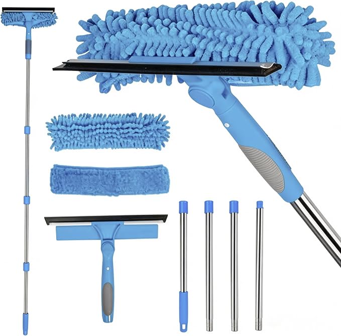 2-in-1 Window Cleaner Tool, 68'' Squeegee for Window Cleaning | Extension Pole, Scrubber with Rotating Head, Streak-Free Squeegee, Thickened Stainless Steel, In/Outdoor Washing Equipment