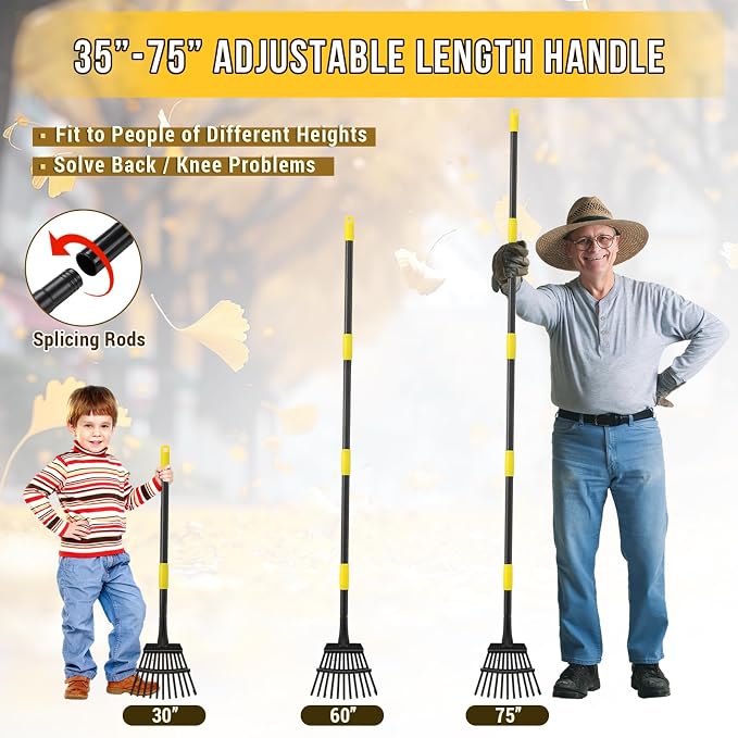 Leaf Rake, Small Rake for Leaves with 30"-75" Adjustable Long Handle, 11 Tines 8.5" Wide, Metal Rakes Heavy Duty for Lawns, Gardening, Yard, Camping, Shrub, Grass, Bush, Weed, Debris
