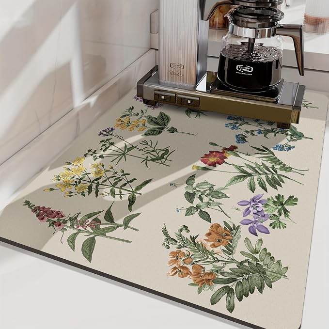 LOKHOM Dish Drying Mat for Kitchen Counter, 18"x24" Absorbent Coffee Bar Mat with Vintage Sage Flower Herbs, Dish Drainer Rack Mats for Kitchen Counter and Dining Room Decoration