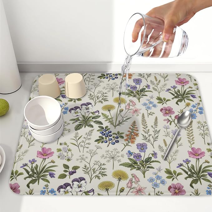 Rustic Botanical Print Floral Dish Drying Mat 16x18 Inch | Polyester，Absorbent Microfiber，for Kitchen Coffee Dining Bar Decor