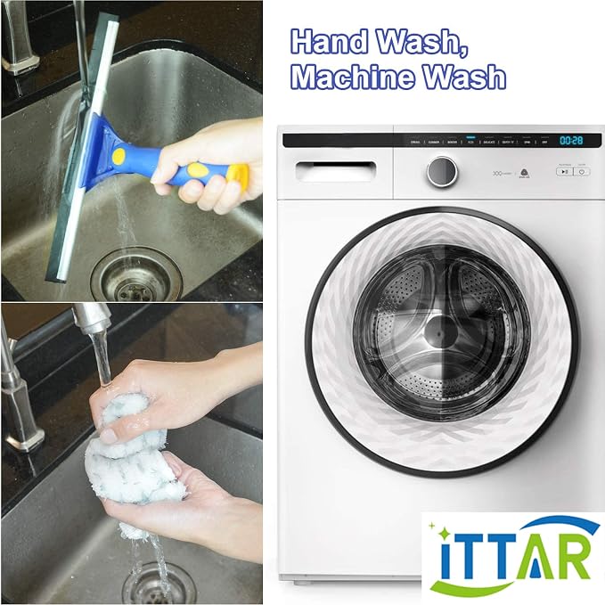 ITTAR Window Squeegee Cleaning Kit with 60" Extension Pole & Rotatable Head | 2 x 11" Microfiber Pads & 12" Rubber Blade Glass Washing Tool for High Window, Shower Doors, Car Windshields; Indoor, Outdoor
