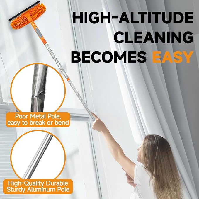 2 in 1 Window Squeegee Cleaner Kit Extension Pole, 67 in, Orange | Window Washing Equipment with Bendable Head for Indoor & Outdoor High Windows and Car Glass