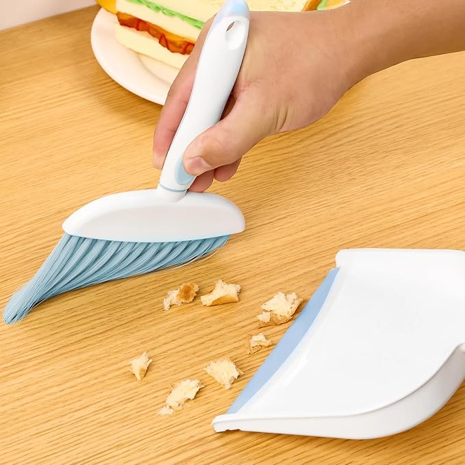 Broom Dustpan Brush Small Dust pan: Small Broom and Dustpan Set Mini Dust pan and Brush Set for Desk, Home, Camping Tent. (Light Blue)