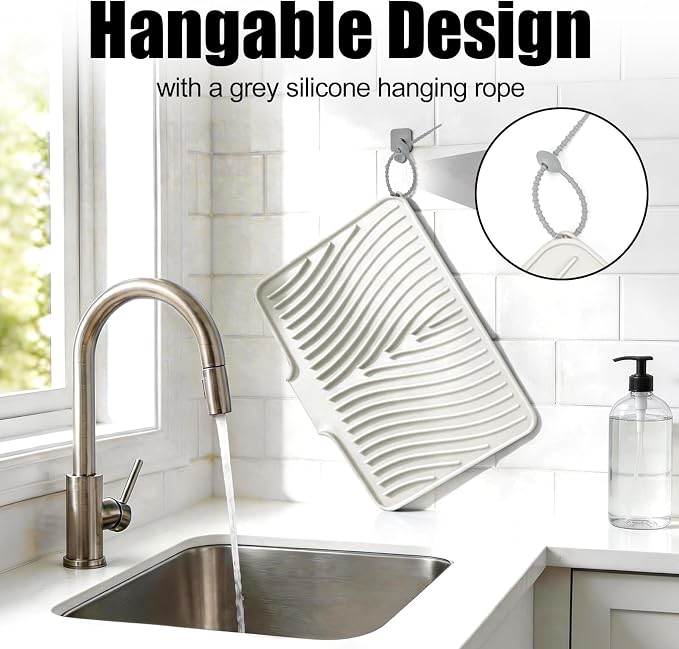 TIKNIK Silicone Dish Drying Mat for Kitchen Counter - Heat Resistant & Non-Slip Dish Drain Pad with Built-In Drain, Dishwasher Safe, Quick-Dry, Hangable & Roll-Up for Storage, Cream-1pcs, 20" x 15"