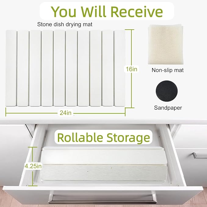 Large Stone Dish Drying Mat for Kitchen Counter, 24"(L)×16"(W), Collapsible Quick Dry Diatomaceous Earth Mat, Super Absorbent Drying Pad for Dishes Bottles Cups Utensils, Heat Resistant (White)