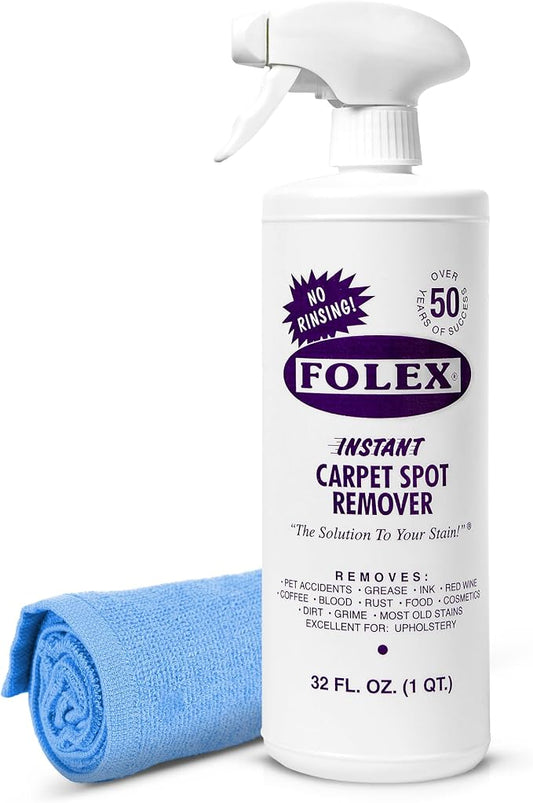 FOLEX Instant Carpet Spot Remover 32 oz – Powerful Stain Remover for Carpets, Upholstery & Rugs – Eliminates Pet Stains, Grease, Red Wine, Food, Makeup & More – With Reusable Cleaning Cloth - 1 Pack