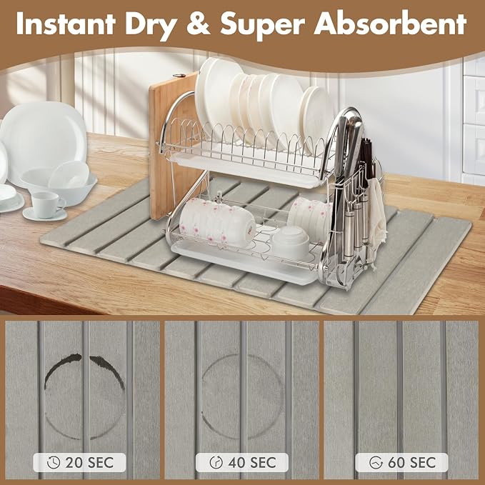 Large Stone Dish Drying Mat for Kitchen Counter, Eco-friendly, Instant Drying Pad,Diatomaceous Earth Water Absorbing Mat, Foldable and Super Absorbent Dish Drying Stone Mat, 24"×16", Warm Gray