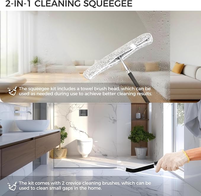 17“- 60" Extendable Long Handle 2-in-1 Window Squeegee Silver | 12.4" Wide Metal Shower Squeegee for Glass Doors, 2-in-1 Squeegee for Home Window Cleaning, Tile Wall, Car