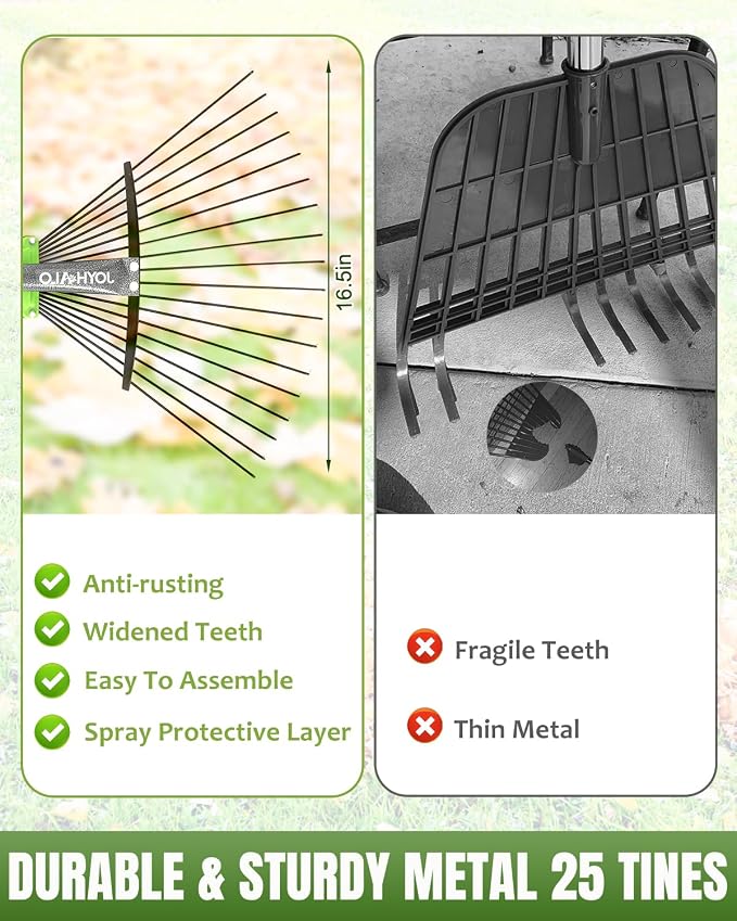 63.4 Inch Adjustable 18 Tines Metal Leaf Rake Set with 40 Gal Dustpan Bags | Adjustable garden rake, Leaf scoop set, Lawn debris collector, Metal tine rake,Outdoor yard tool,Garden shrub & grass sweeper