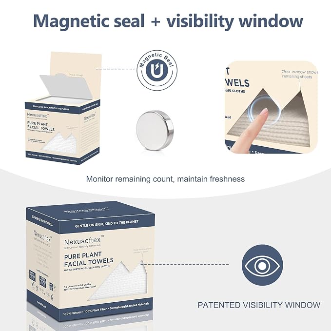 Premium Disposable Face Towels, 10"x12" XL, 90gsm Ultra-Thick 100% USDA Biobased Facial Towel, Gentle for All Skin Types, Magnetic Closure Box with Visibility Window (2 packs of 50ct)
