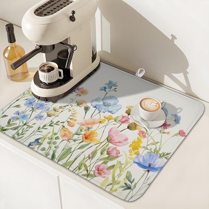 Botanical Floral Dish Drying Mat for Kitchen Counter 16x18 Inch | Wildflower，Polyester，Absorbent Microfiber，for Kitchen Coffee Dining Bar Decor