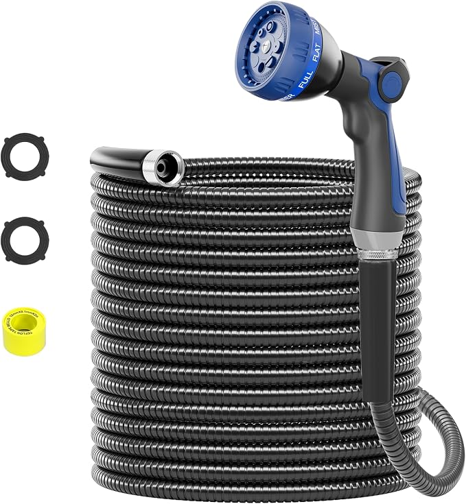 SPECILITE 75ft 304 Stainless Steel Metal Garden Hose with Nozzle (Black) | Puncture Resistant, Flexible, Never Kink & Tangle, Heavy Duty Water Pipe for Yard, Outdoor, Lawn