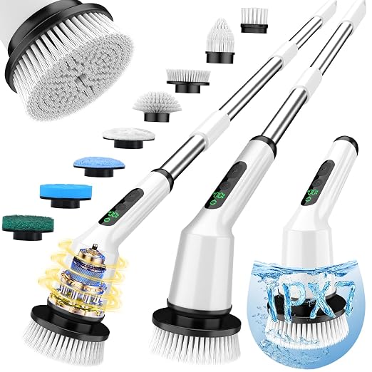 Shower Scrubber with Long Handle, Shower Cleaner Brush with 8 Floor Machine Pads, Cordless Electric Spin Scrubber for Cleaning with 2 Speed, Cleaning Supplies for Bathroom Bathtub Kitchen Floor Tile