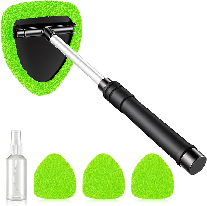 JUSTTOP Windshield Cleaner Tool, Car Interior and Exterior Window Cleaning Kit with Extendable Handle & 4 Reusable Microfiber Pads, Auto Glass Wiper Brush Kit for Car & Home Windows (Green)