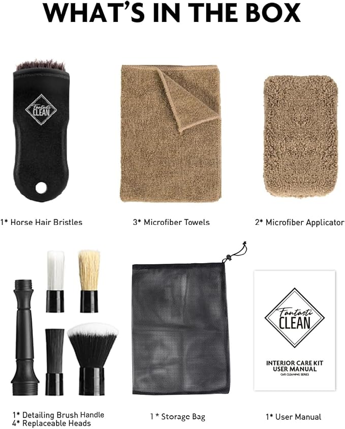 Fantasticlean 9PCS Car Detailing Brush Set, Interior Leather Cleaning | Car Interior Brush Kit, Horse Hair Leather Brush for Car Detailing, Scratch-Free Leather Cleaner Applicator, Cleaning Cloth