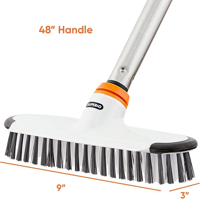 Superio Deck Scrub Brush with Long Handle, Heavy Duty Stiff Bristles Grout Scrubber with Scraper - Cleans Hot Tub, Swimming Pool, Granite Tiles, Bathroom, Patio, Kitchen, Wall and Deck (3 Part Handle)