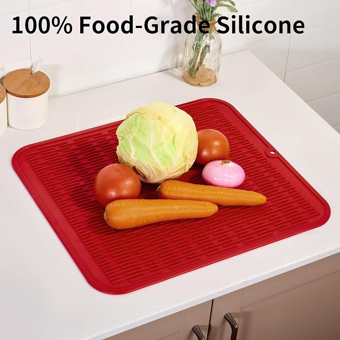 ZLR Heavy-Duty Silicone Dish Drying Mat (16" x 18" / 401 x 455mm) - XL Family-Size Thick 4mm Drainboard for Pots, Pans & Heavy Cookware - Oversized Trivet & Counter Protector, Non-Slip (Lava Red)