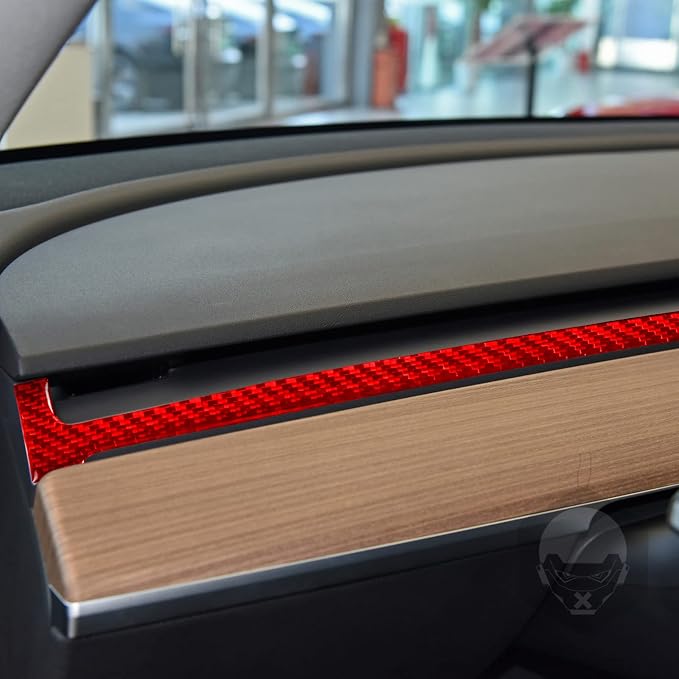Red Real Carbon Fiber Trim for Tesla Accessories | for Model 3 2017-2022 / Model Y 2020-2024 Dashboard Sides Decoration Strip Sticker Interior Thick Overlay Decal
