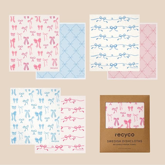 RECYCO Swedish Dishcloths for Kitchen | 6 Packs Lovely Bows Washable Dish Rags | Cellulose Reusable Cleaning Paper Towels | Absorbent Counter Dish Cloth Sponge Kitchen Wipes, 8" L x 7" W