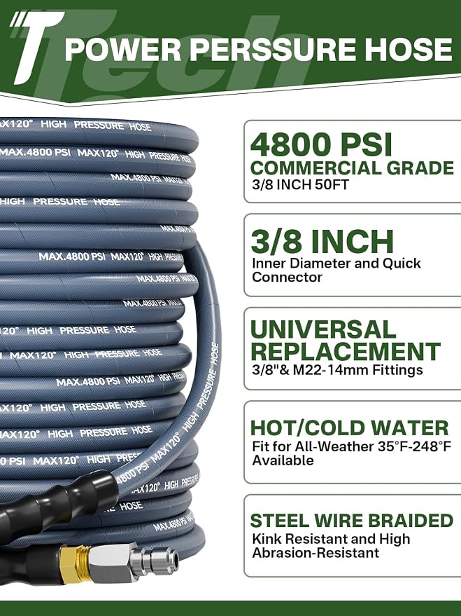 3/8" 4800PSI Pressure Washer Hose 50FT Swivel Quick Connect | Power Washer Hose for Cold/Hot Water Max 248°F, Kink Resistant Steel Wire Braided, Wear Resistant with M22 14mm Adapter