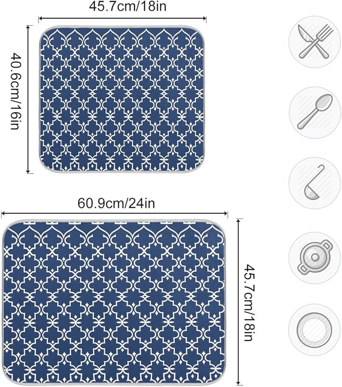 Super Absorbent Dish Drying Mat Microfiber Fast-Drying Dish Mat 24" x 18" Kitchen Dish Drying Pad Watercolor Cute Navy Blue Moroccan Mandala