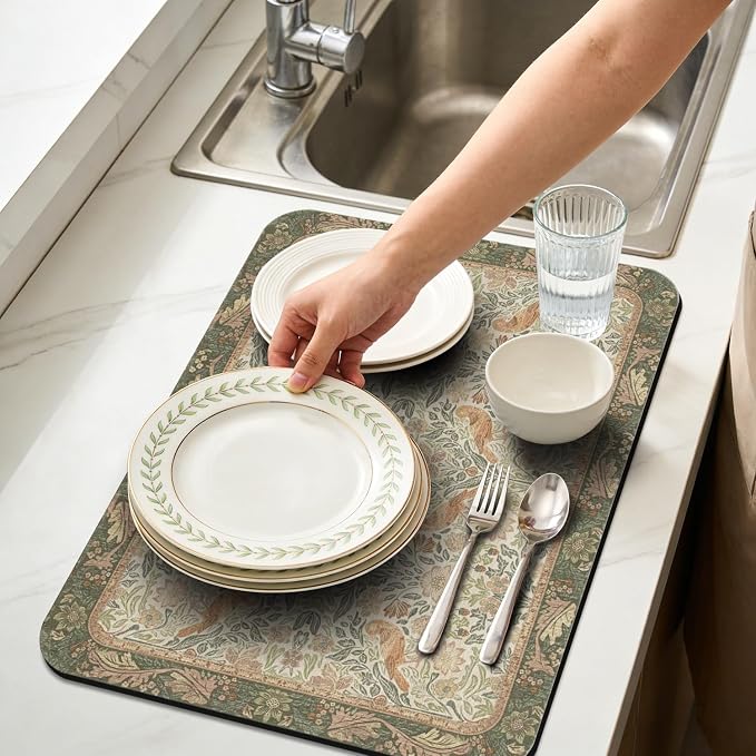 Dish Drying Mat for Kitchen Counter 17x32 Inch, Boho Quick Dry Coffee Mat | Made of super absorbent diatomite that quick dries dishes, coffee machine & sink area. Non-slip rubber base for countertop