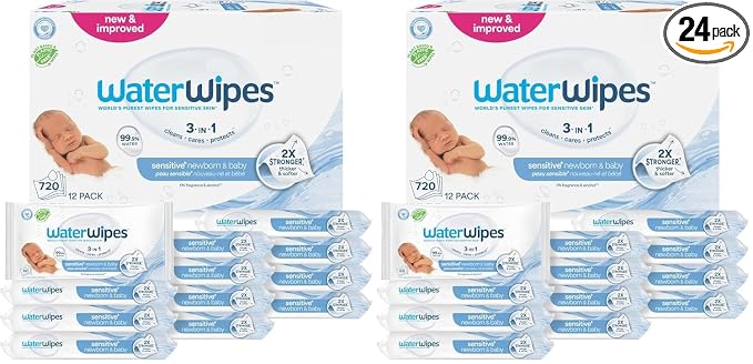 WaterWipes Sensitive+ Newborn & Baby Wipes, 3-In-1 Cleans, Cares, Protects, 99.9% Water, Unscented & Hypoallergenic, 60 Count (Pack of 24)