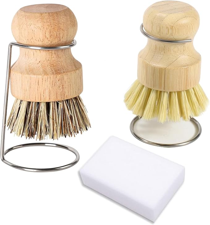 BoAn Bamboo Dish Brush Set with Holder, Natural Kitchen Dish Scrub Brushes with Drain Rack, Dual Bristles for Pots & Dishes, Fast Dry Design with Bonus Magic Cleaning Sponge