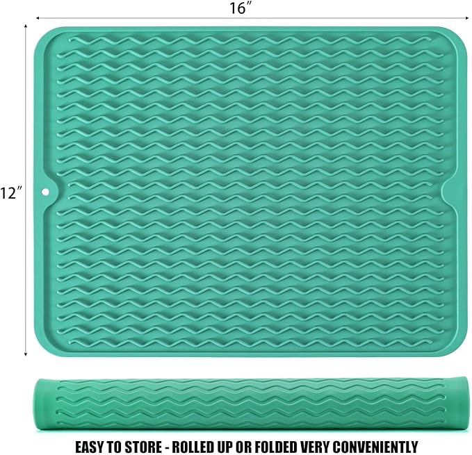 Silicone Dish Drying Mat for Multiple Usage, Easy clean, Eco-friendly, Heat-resistant Dish Drainer Mat for Kitchen Counter,Sink,Refrigerator or Drawer liner (16" x 12", Green)