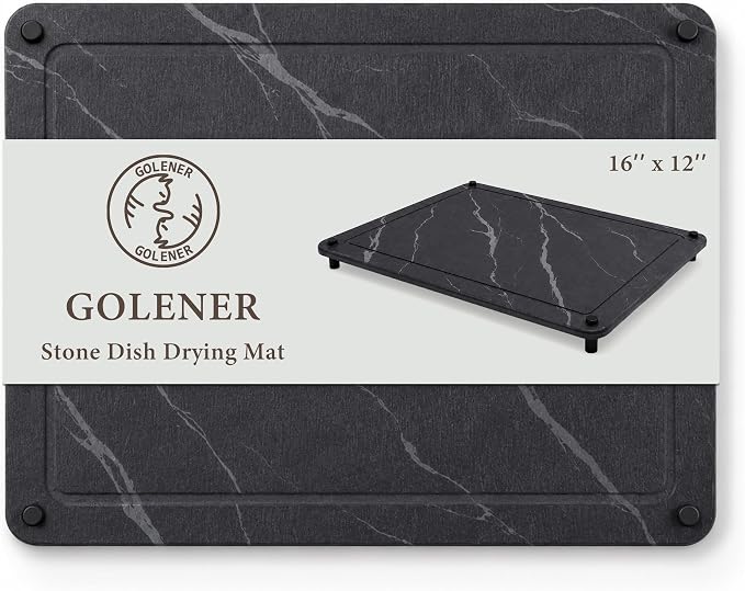 Stone Drying Mat for Kitchen Counter 16"x12", Black Stone Dish Drying Mat, Quick Dry Stone Drying Mat & Drying Stone for Kitchen Counter, Diatomaceous Earth Board, Absorbent, Non-Slip Easy Clean