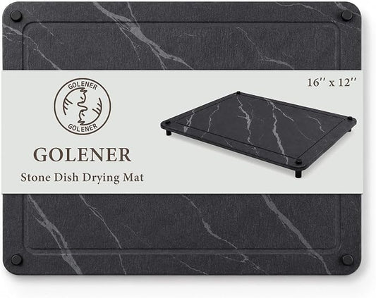 Stone Drying Mat for Kitchen Counter 16"x12", Black Stone Dish Drying Mat, Quick Dry Stone Drying Mat & Drying Stone for Kitchen Counter, Diatomaceous Earth Board, Absorbent, Non-Slip Easy Clean