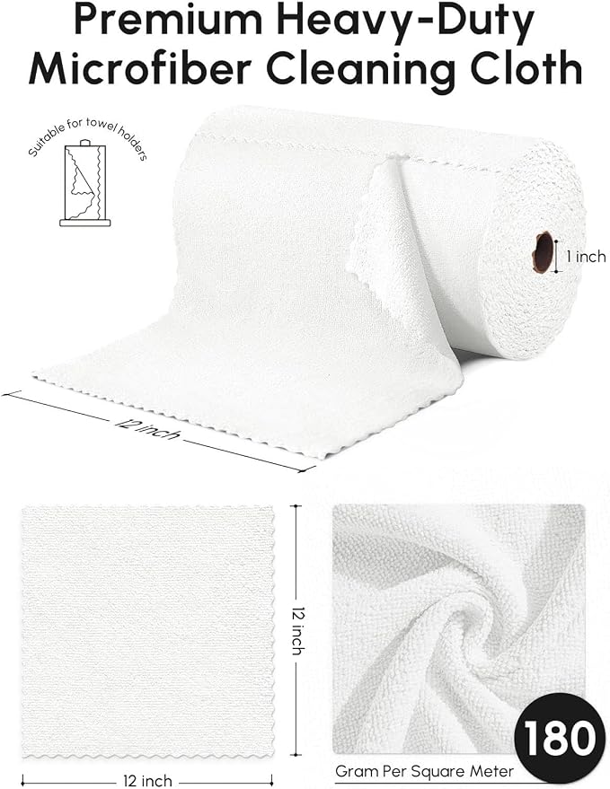 Microfiber Cleaning Cloths Roll, 75 Pack Tear Away Microfiber Towels Roll, 12" x 12" Lint Free Rags, Reusable Cleaning Cloths, Washable, Scratch Free,Ultra Absorbent Dish Rags(White)