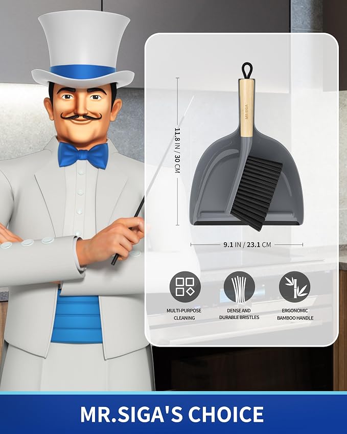 MR.SIGA Dustpan and Brush Set, Bamboo Handle, Gray, 1 Set | Handheld brush and dustpan combo with hanging loop, small broom and dustpan set