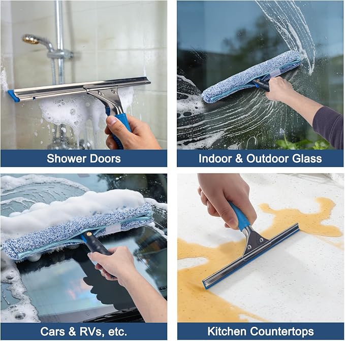 Professional Window Cleaning Kit, 14" Squeegee with 15" Scrubber | 14" Squeegee with 15" Microfiber Scrubber, Window Cleaning Tool for Home, Window Washing Equipment Commercial & Household Use