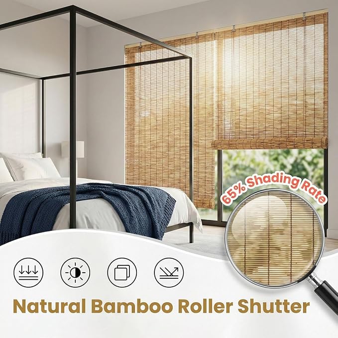 Light Filtering Privacy Screen Bamboo Blinds, 24" 36" 48" 60" 72" 78" Roman Shades for Indoor Windows, Outdoor Roll Up Bamboo Roller Shades Patio Gazebo, Cordless No Drill Blinds for Windows