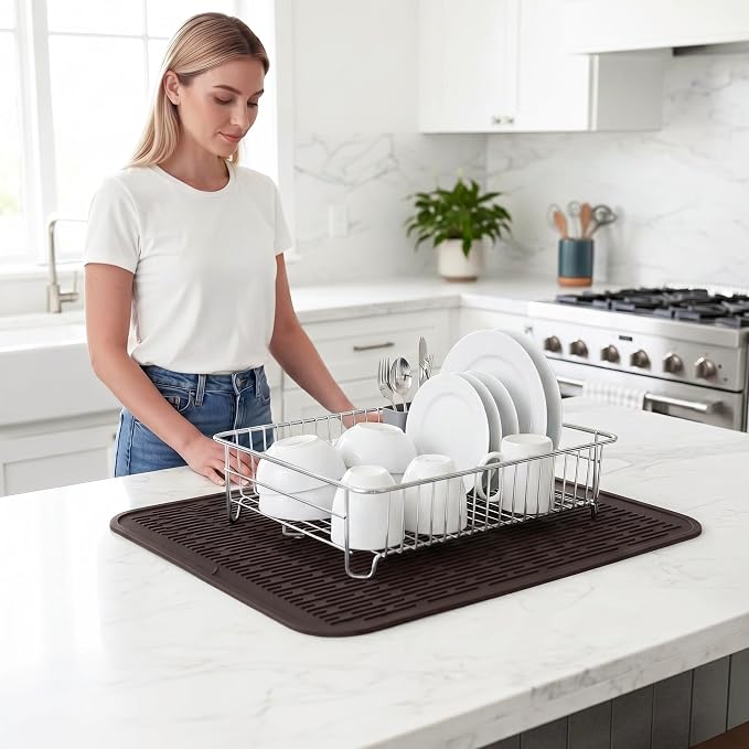 MicoYang Silicone Dish Drying Mat for Multiple Usage,Easy clean,Eco-friendly,Heat-resistant Silicone Mat for Kitchen Counter or Sink,Refrigerator or Drawer Liner Coffee 2XL 24 inches x 18 inches