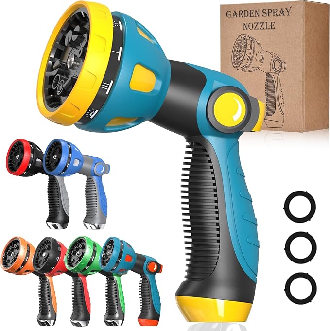 Garden Hose Nozzle - 10 Adjustable Patterns Metal High Pressure Hose Nozzle, Garden Hose Spray Nozzle with Thumb Control Design, Hose Sprayer for Garden & Lawns Watering, Cleaning, Pets & Car Washing