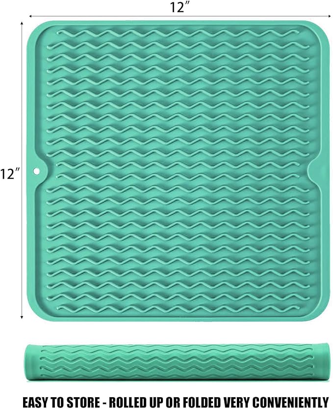 Silicone Dish Drying Mat for Multiple Usage, Easy clean, Eco-friendly, Heat-resistant Dish Drainer Mat for Kitchen Counter,Sink,Refrigerator or Drawer liner (12" x 12", Green)