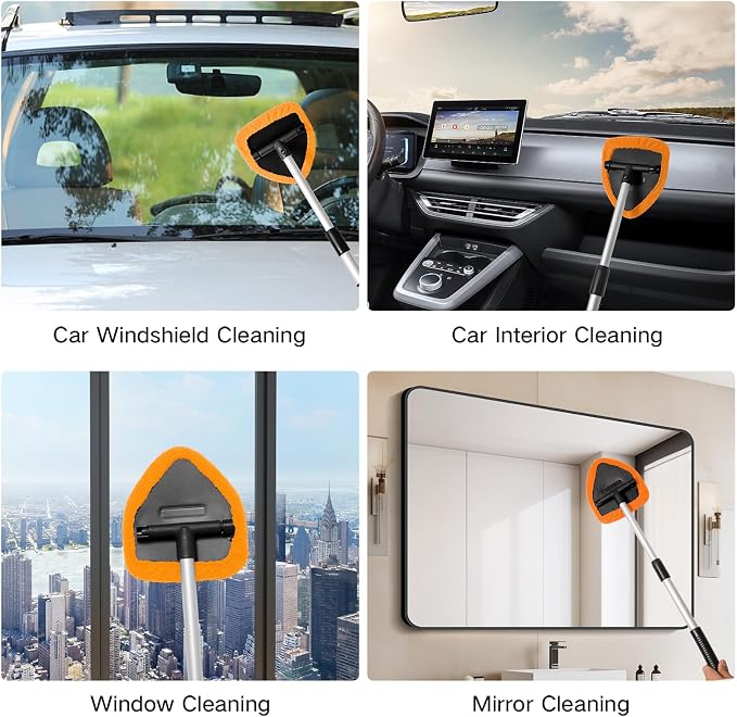 Qydipclin 10pcs Windshield Cleaner Tool, Car Window Cleaning Wash Kit with 4 Reusable Microfiber Pads 1 Spray Bottle and Extendable Handle Auto Glass Wiper Kit, Orange