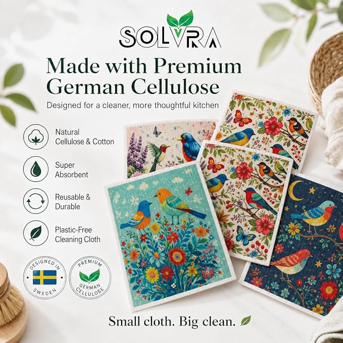 10 PCS Birds Print Swedish Dishcloths for Kitchen 100% Biodegradable, Reusable Cellulose Sponge Cloths Ultra Absorbent, Eco Friendly Cleaning Towels Dishcloths for Washing Dishes & General Cleaning