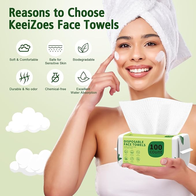 Disposable Face Towels 300 Count, Biodegradable Ultra Soft & Thick Facial Towels for Sensitive Skin, Lint-Free Makeup Remover Dry Wipes, Multi-Purpose Cleansing Towelettes for Face Wipes, Skincare