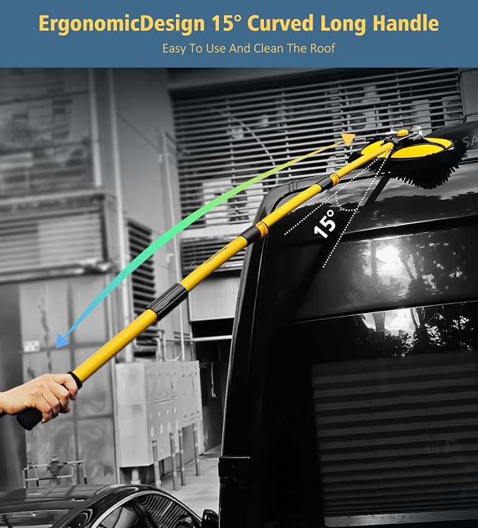YeewayVeh Car Wash Brush Mop, 55" Long Handle, 15° Curved, Yellow & Black | Extra Microfiber Mop Head, Extension Pole, Scratch-Free Auto Cleaning Kit for Truck, SUV & RV