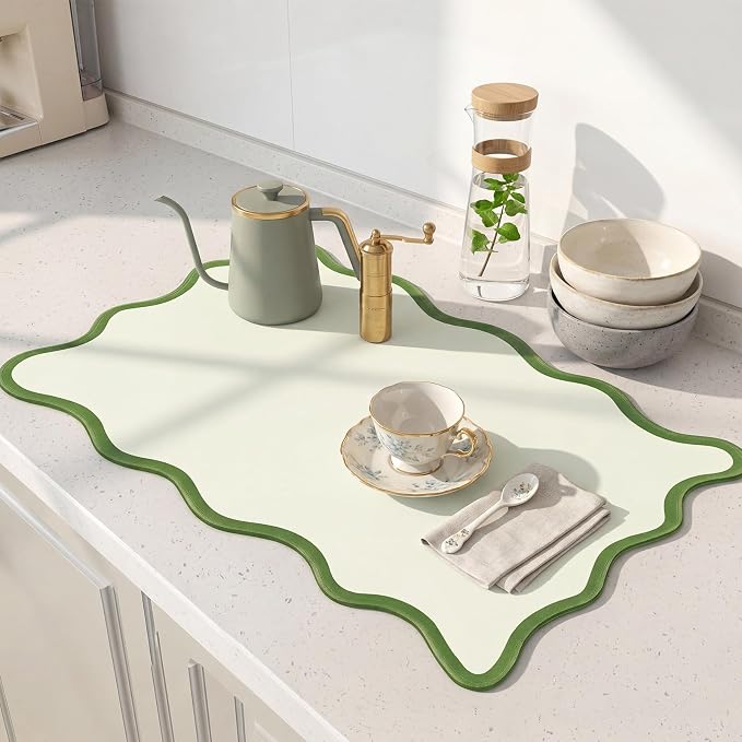 Nuanchu Green Scalloped Dish Drying Mat for Kitchen Counter, Waterproof Easy Clean Non-slip Coffee Bar Station Accessories, Trendy Cute Aesthetic Modern Drainer Kitchen Drying Mat, 12" x 19"
