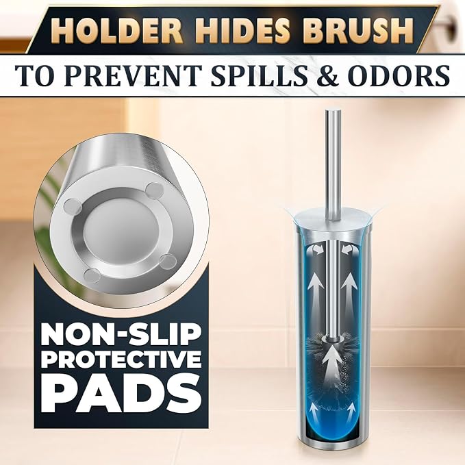 2 Pcs Stylish Stainless Steel Toilet Brush and Holder Set - Silver Toilet Bowl Brush and Holder with Splash Cover, Sturdy Bristles, Corrosion & Scratch Resistant - Elegant Design, Effective Cleaning
