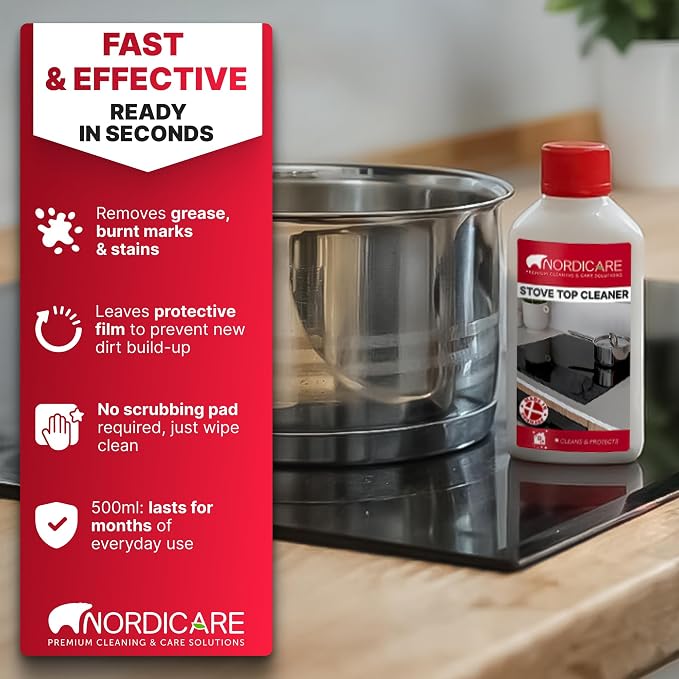Nordicare Stove Top Cleaner Glass Ceramic - Induction Cooktop Cleaner Polish And Protector For Everyday Use - No Scrubbing Pad Needed - Leaves Protective Film - Made In Denmark (8.45oz)