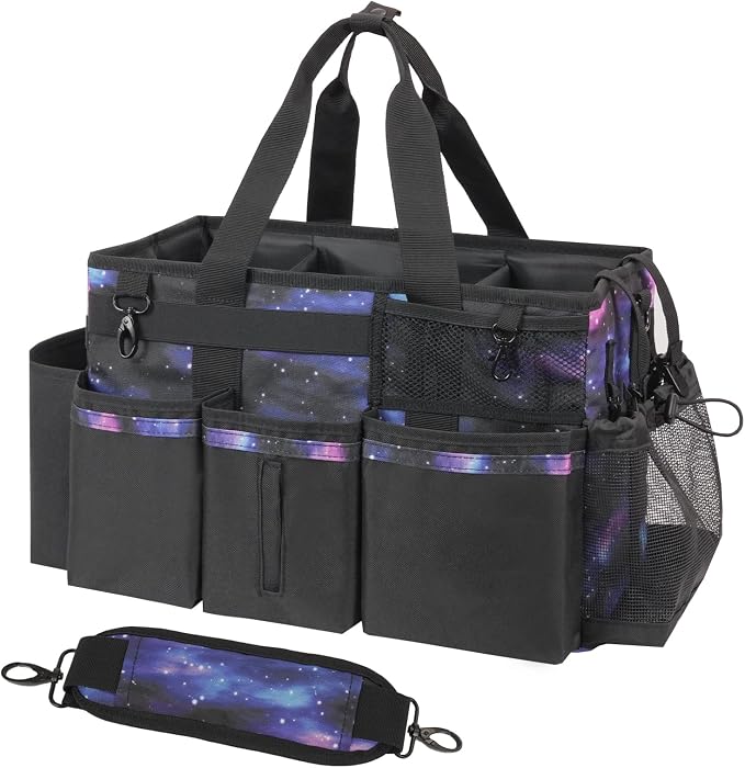 SCAVATA Wearable Cleaning Caddy, Cleaning Caddy Supplies Organizer with Handle & Shoulder Straps for Housekeepers, Under Sink & Car Cleaning Tool Organizers Bag with 4 Foldable Divider (StarrySky)
